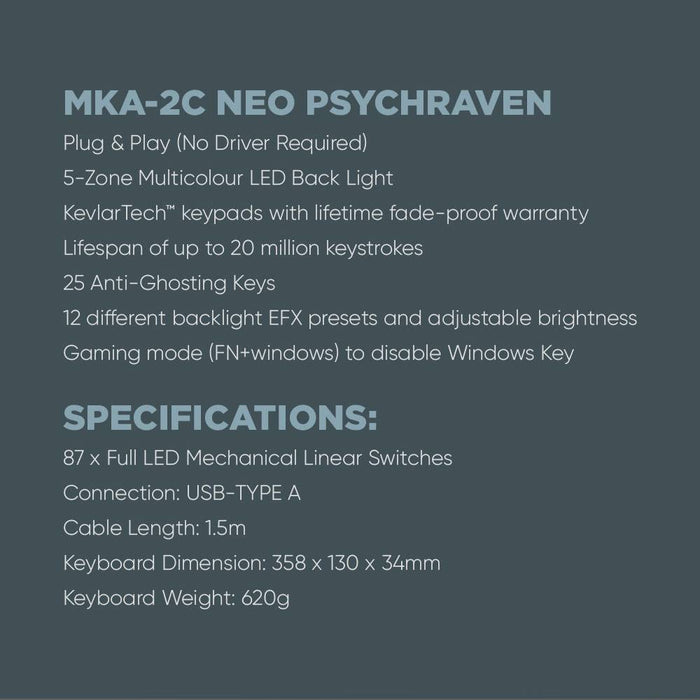 Armaggeddon MKA 2C Neo Psychraven 87 Key Mechanical Gaming Keyboard Hot Swappable Linear Switches, Multicolour Backlight, USB Wired
