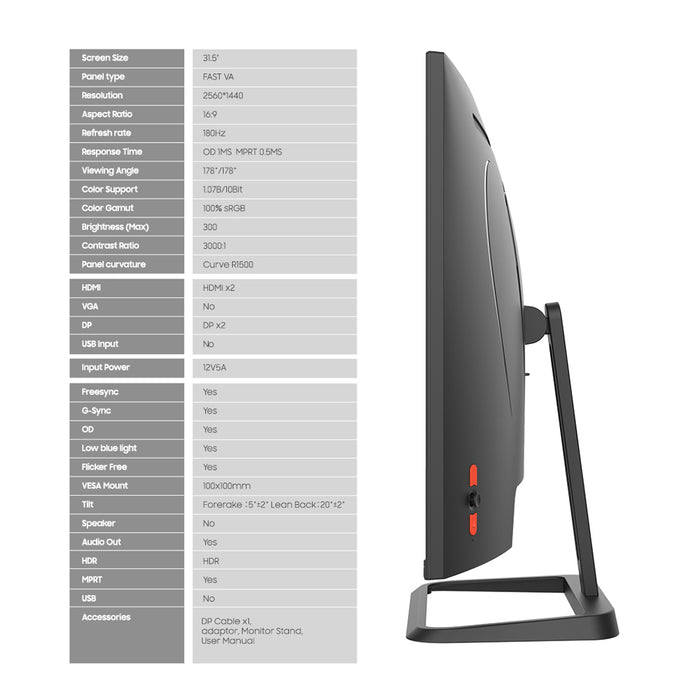 Armaggeddon PXP 32 PRO G 32" 2K WQHD Curved Gaming Monitor 180Hz 0.5ms 10-Bit Colour FreeSync & G-SYNC Compatible