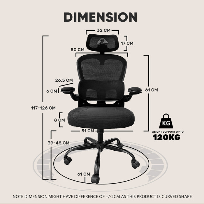 Armaggeddon Vertebrae V3 Ergonomic Mesh Office Chair Adjustable Headrest & Lumbar Support, Flip-Up Armrests, 120° Tilt, 120kg Capacity