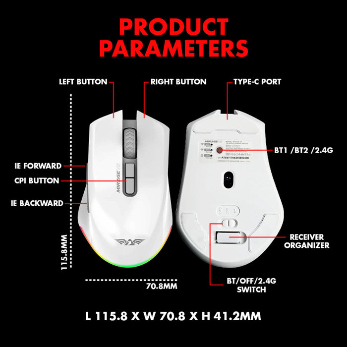 Armaggeddon Mirage VII Tri Mode Wireless Gaming Mouse 10000 CPI, 1000Hz, 7 Buttons, Bluetooth 5.0, 2.4GHz, USB-C, RGB