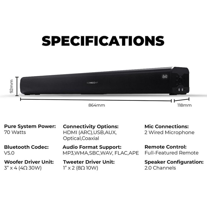 SonicGear SonicBar HD7000 Ultra Bass 140W TV Soundbar Bluetooth 5.0 | HDMI ARC, Optical & Dual Karaoke Mic Input