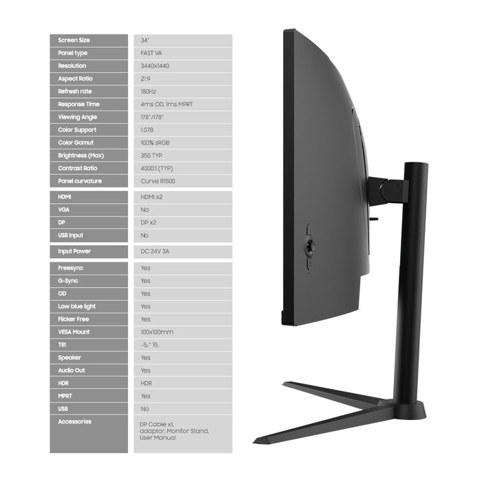 Armaggeddon 34" UWQHD 180Hz Monitor 1Ms Curve Built In Speaker Gaming Monitor