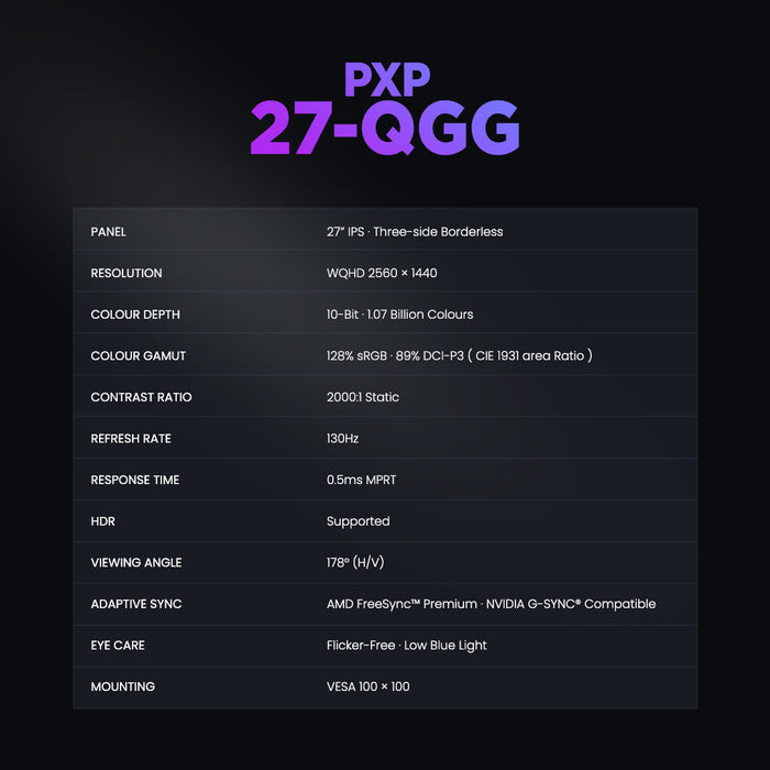 Armaggeddon PXP 27 QGG 27" 2K WQHD 1440p IPS Gaming Monitor 130Hz 10-Bit Colour FreeSync & G-SYNC Compatible