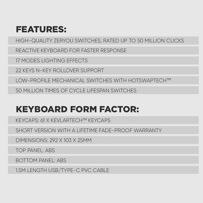 Armaggeddon SMK 1C Psychsparrow 61 Key Low Profile Mechanical Gaming Keyboard Hot Swappable, USB-C, Multicolour Backlight