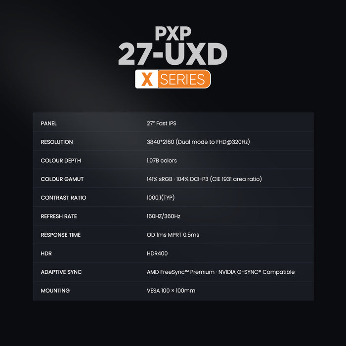 Armaggeddon PXP 27 UXD 27" 4K 160Hz / FHD 320Hz Dual Mode Fast IPS Gaming Monitor 0.5ms HDR400 FreeSync & G-SYNC Compatible