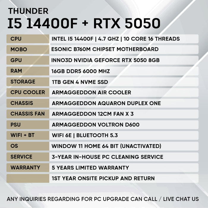 Armaggeddon Gaming PC – Intel i5 14400F + RTX 5050 | Custom Built Desktop