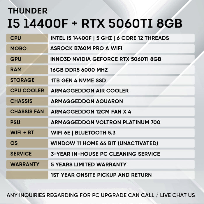 Armaggeddon Gaming PC – INTEL i5 14400F + RTX 5060Ti 8GB | Custom Built Desktop