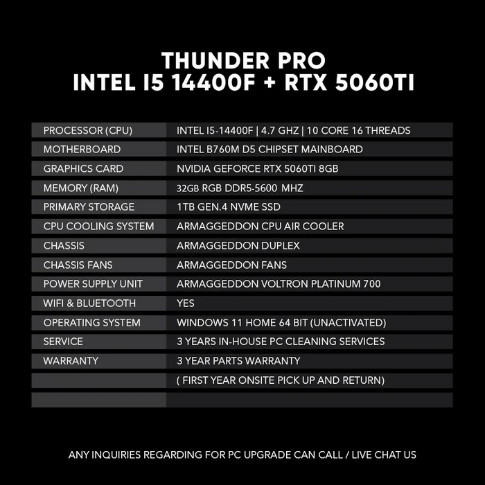 THUNDER PRO I5 14400F + RTX 5060 Ti 8GB/16GB