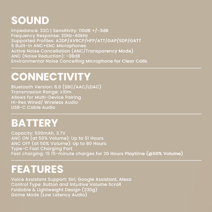 SonicGear Aura Clear 5 Hi-Res LDAC ANC Wireless Headphones Bluetooth 6.0 | 5-Mic ENC, 80H Battery & Gaming Mode