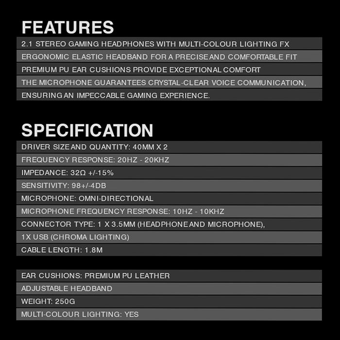 Armaggeddon Pulse 1 Chroma Wired Gaming Headset 2.1 Stereo, 40mm Drivers, RGB Lighting & Omnidirectional Mic