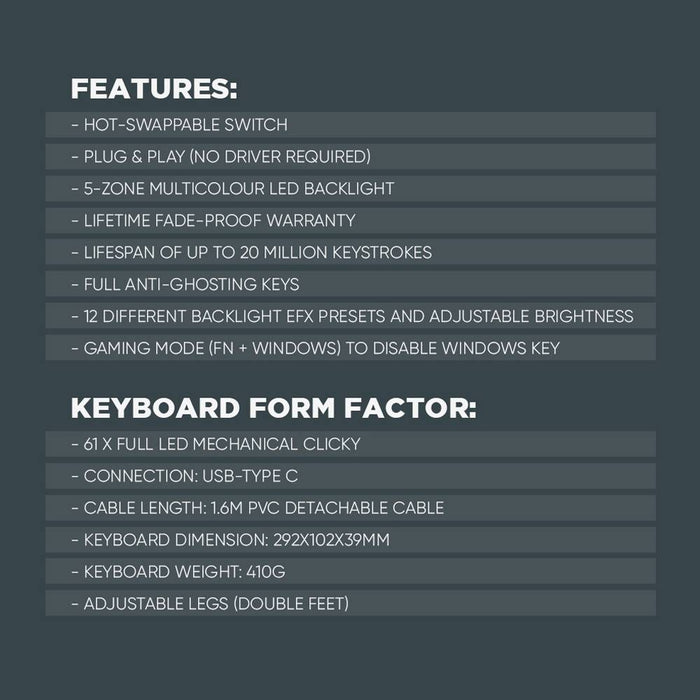 Armaggeddon MKA-1C NEX 61 Key Mechanical Gaming Keyboard HotSwappable, USB-C Wired, Multicolour LED, Anti-Ghosting