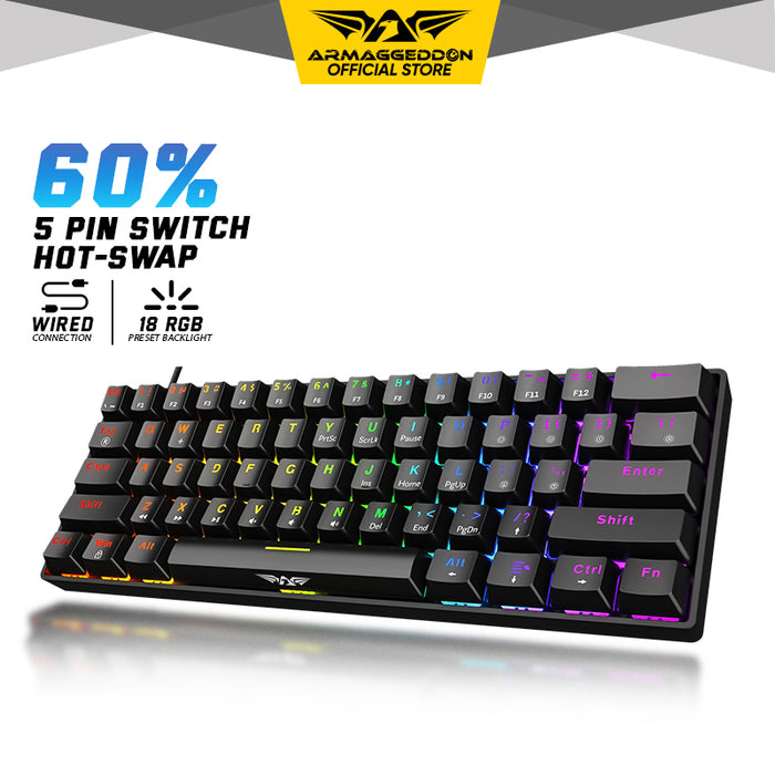 Armaggeddon MKA-1C NEX 61 Key Mechanical Gaming Keyboard HotSwappable, USB-C Wired, Multicolour LED, Anti-Ghosting