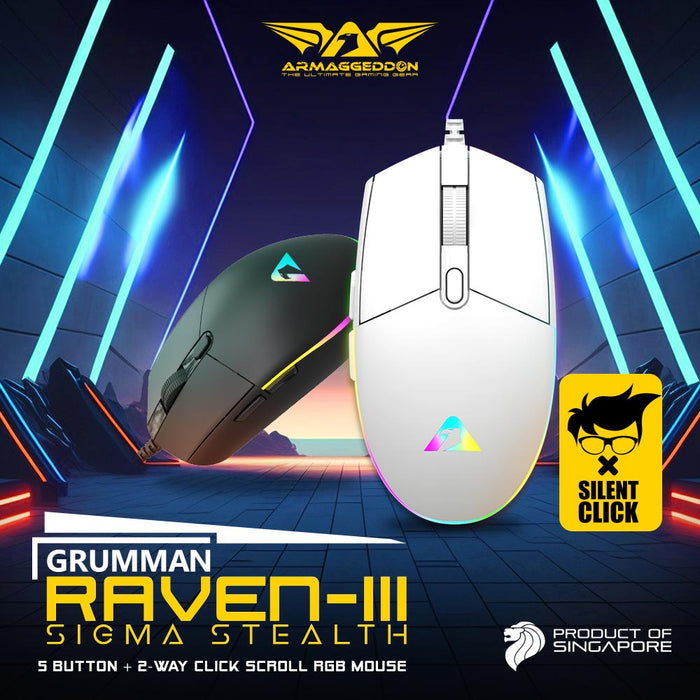 Armaggeddon Grumman Raven III Sigma Stealth Wired RGB Gaming Mouse 12800 CPI, Silent Click, 5 Macro Buttons, 90g Lightweight