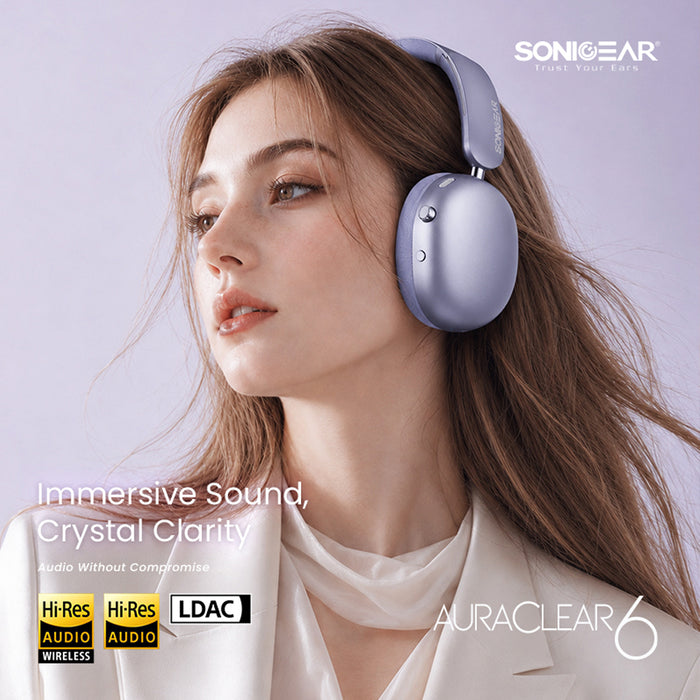 SonicGear Auraclear 6 Hi-Res LDAC ANC Wireless Headphones Bluetooth 6.0 | 112H Battery, 5-Mic & Volume Knob