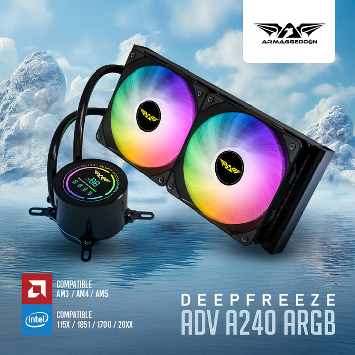 Armaggeddon Deepfreeze ADV A240 ARGB 240mm AIO CPU Liquid Cooler Digital Temperature Display, Dual 120mm Fans, Intel & AMD