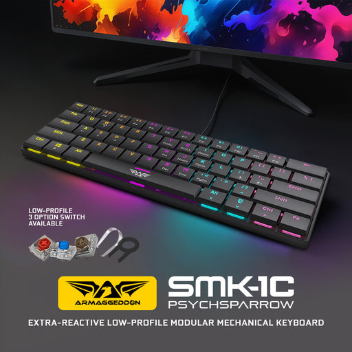 Armaggeddon SMK 1C Psychsparrow 61 Key Low Profile Mechanical Gaming Keyboard Hot Swappable, USB-C, Multicolour Backlight