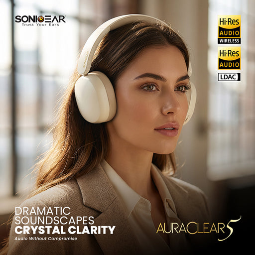 SonicGear Aura Clear 5 Hi-Res LDAC ANC Wireless Headphones Bluetooth 6.0 | 5-Mic ENC, 80H Battery & Gaming Mode (Flash Sale))