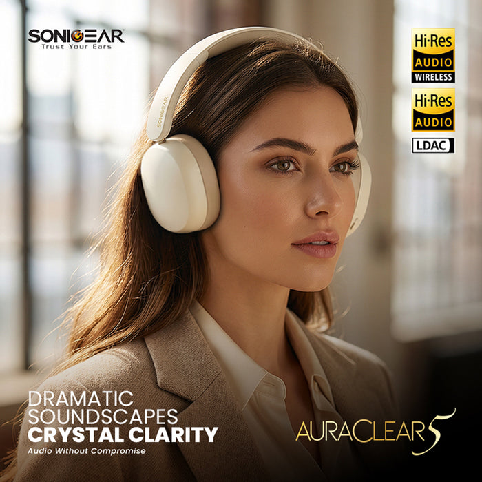 SonicGear Aura Clear 5 Hi-Res LDAC ANC Wireless Headphones Bluetooth 6.0 | 5-Mic ENC, 80H Battery & Gaming Mode (Flash Sale))