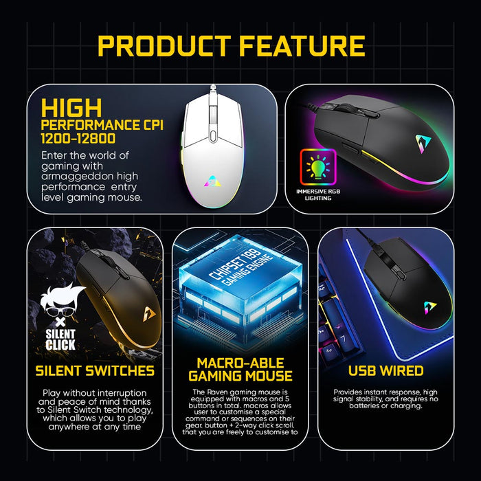 Armaggeddon Grumman Raven III Sigma Stealth Wired RGB Gaming Mouse 12800 CPI, Silent Click, 5 Macro Buttons, 90g Lightweight