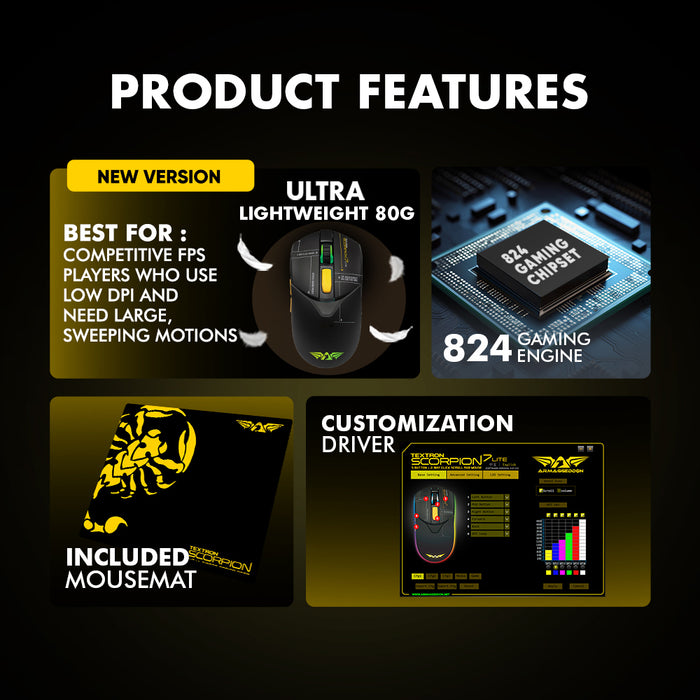Armaggeddon Textron Scorpion 7 Lite Wired RGB Gaming Mouse – 4800 CPI, 80g Lightweight, 5 Programmable Buttons, Huano Switches with Free Mouse Mat