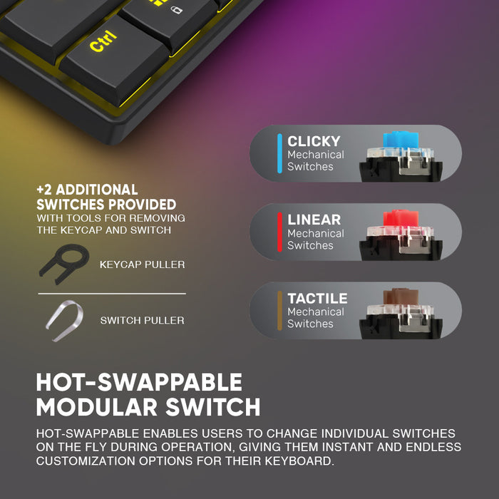 Armaggeddon SMK 1C Psychsparrow 61 Key Low Profile Mechanical Gaming Keyboard Hot Swappable, USB-C, Multicolour Backlight