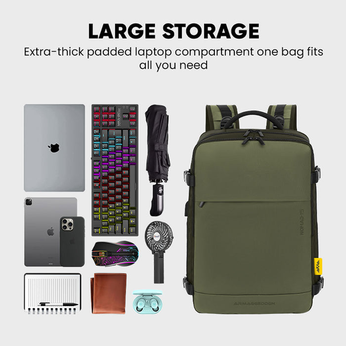 Armaggeddon Nomad 15 Flight Approved Travel Laptop Backpack with Anti Theft Lock, USB-A & USB-C Charging Ports and Shoe Compartment