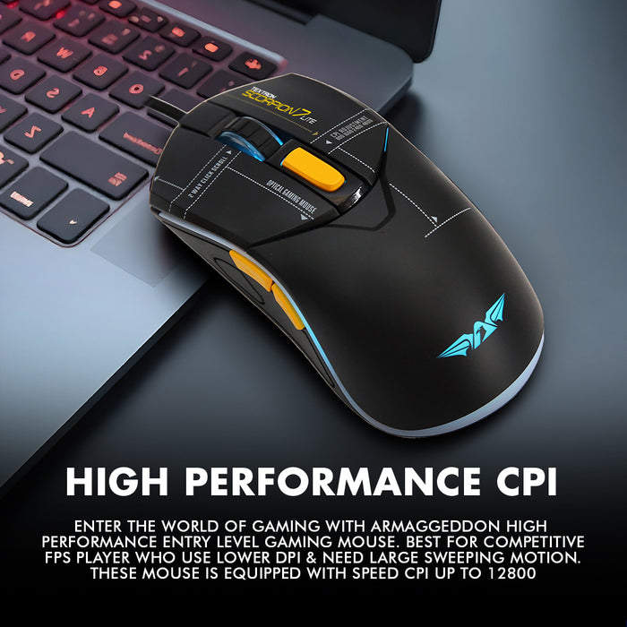 Armaggeddon Textron Scorpion 7 Lite Wired RGB Gaming Mouse – 4800 CPI, 80g Lightweight, 5 Programmable Buttons, Huano Switches with Free Mouse Mat