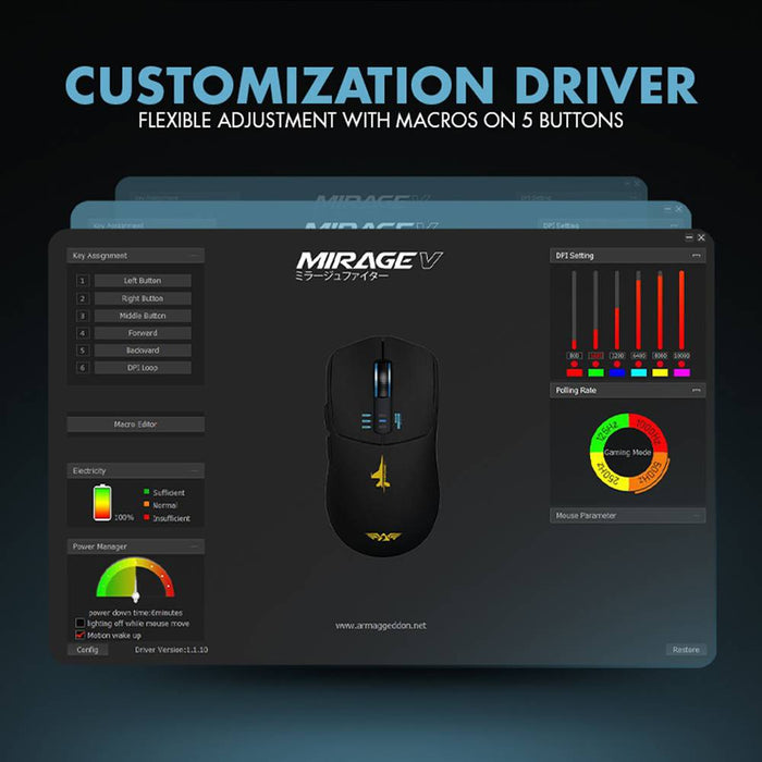 Armaggeddon Mirage V Tri Mode Wireless Gaming Mouse 10000 CPI, 1000Hz, PixArt 3325, Bluetooth 5.0, 2.4GHz, USB-C (FLASH SALE)