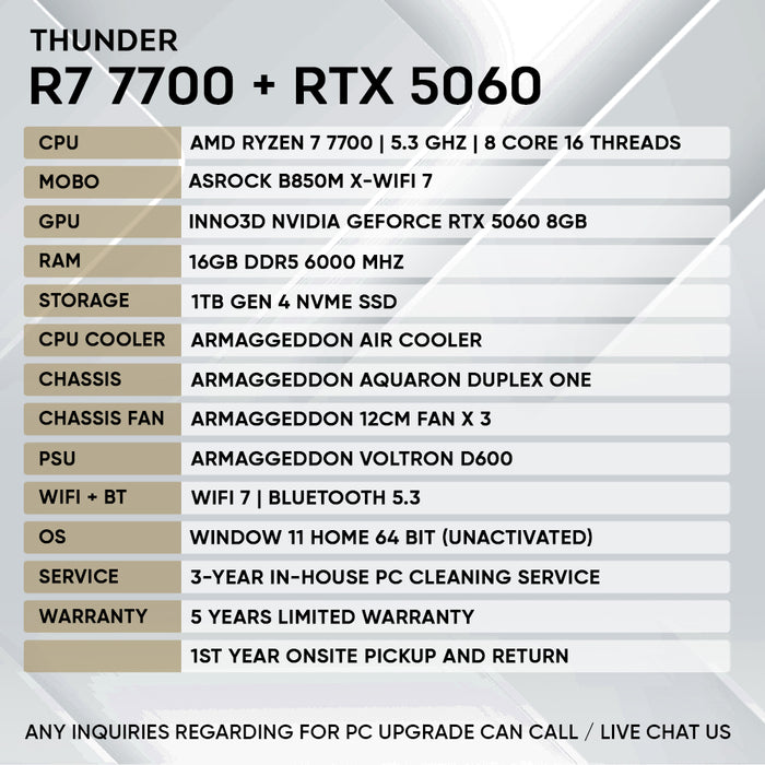 Armaggeddon Thunder Pro gaming PC featuring AMD Ryzen 7 7700 and RTX 5060