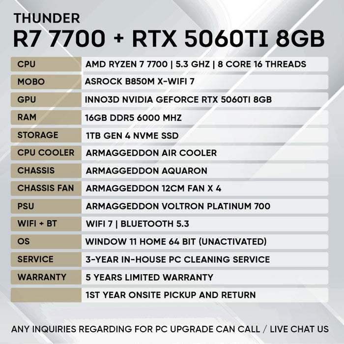 Armaggeddon Gaming PC – AMD Ryzen 7 7700 + RTX 5060Ti 8GB | Custom Built Desktop