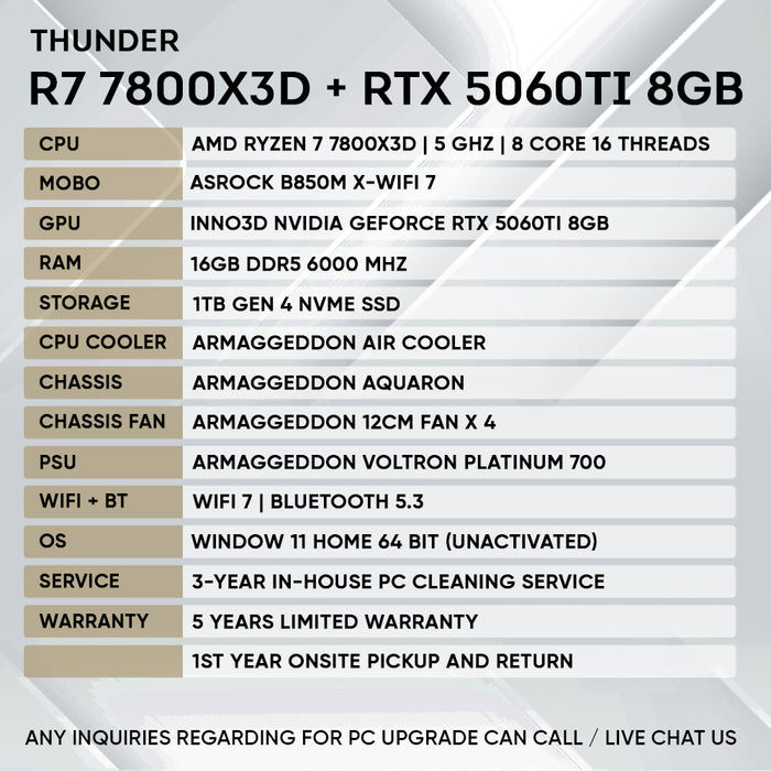 Armaggeddon Gaming PC – AMD Ryzen 7 7800X3D + RTX 5060Ti 8GB | Custom Built Desktop