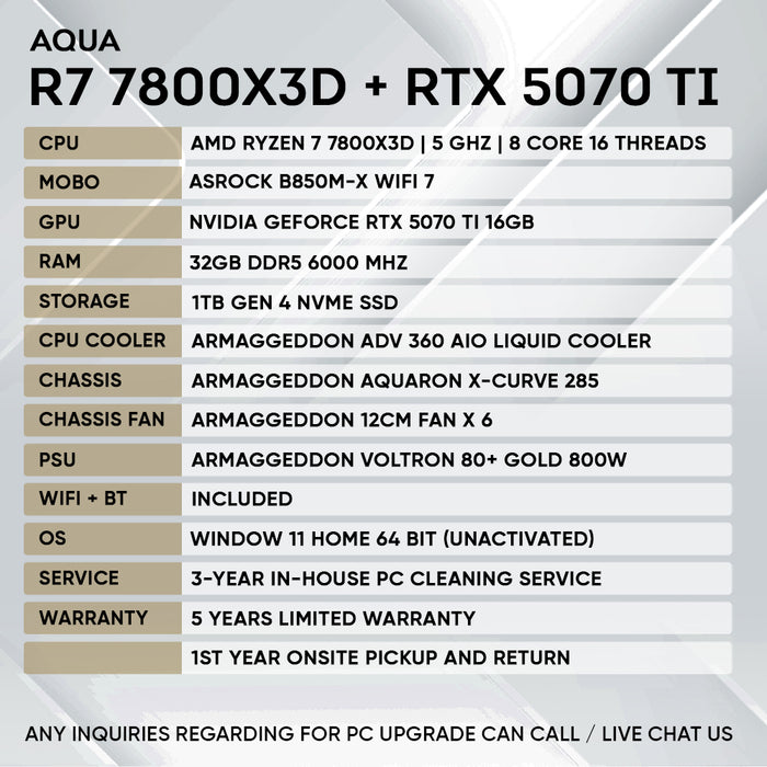 Aqua gaming PC with Ryzen 7 7800X3D and RTX 5070 Ti