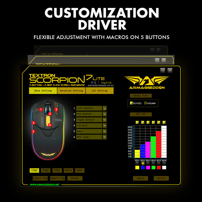 Armaggeddon Textron Scorpion 7 Lite Wired RGB Gaming Mouse – 4800 CPI, 80g Lightweight, 5 Programmable Buttons, Huano Switches with Free Mouse Mat