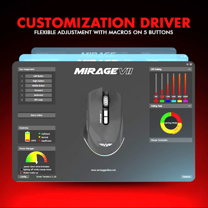Armaggeddon Mirage VII Tri Mode Wireless Gaming Mouse 10000 CPI, 1000Hz, 7 Buttons, Bluetooth 5.0, 2.4GHz, USB-C, RGB