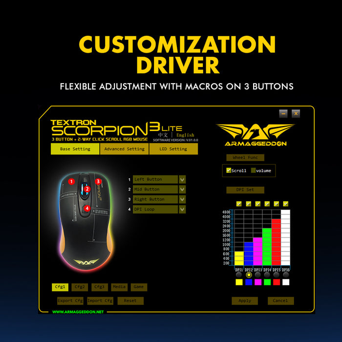 Armaggeddon Textron Scorpion 3 Lite Wired RGB Gaming Mouse 4800 CPI, 63g Lightweight, Huano Switches, Programmable Driver
