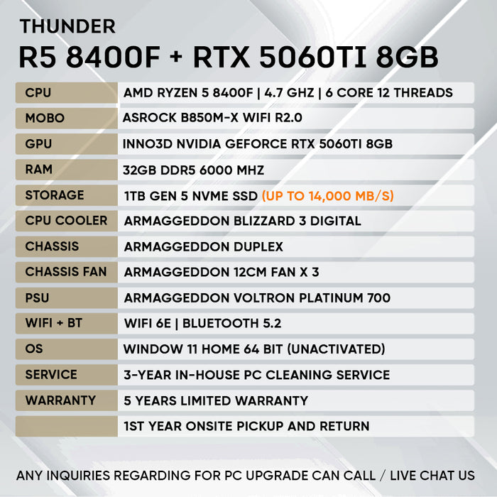 RYZEN 5 8400F + RTX 5060 Ti 8GB (GEN 5 NVME) (SAME DAY DELIVERY)