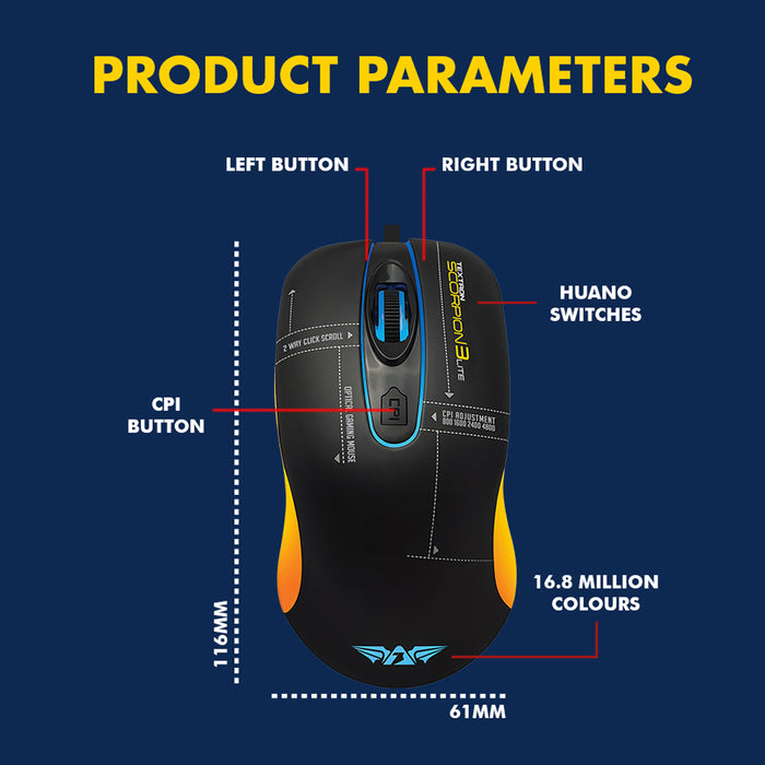 Armaggeddon Textron Scorpion 3 Lite Wired RGB Gaming Mouse 4800 CPI, 63g Lightweight, Huano Switches, Programmable Driver