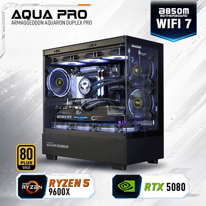 Armaggeddon Aqua Pro gaming PC with AMD Ryzen 5 9600X and NVIDIA GeForce RTX 5080
