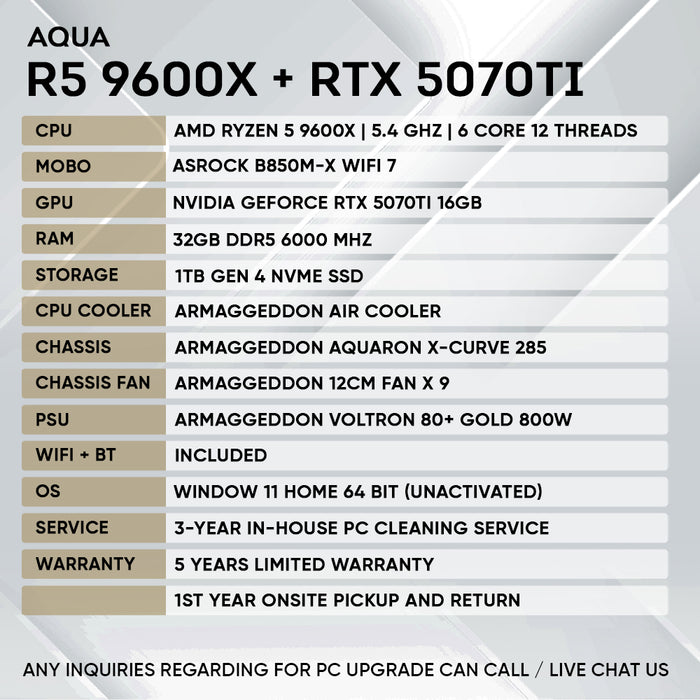 Aqua Pro gaming PC side view with Ryzen 5 9600X and RTX 5070 Ti