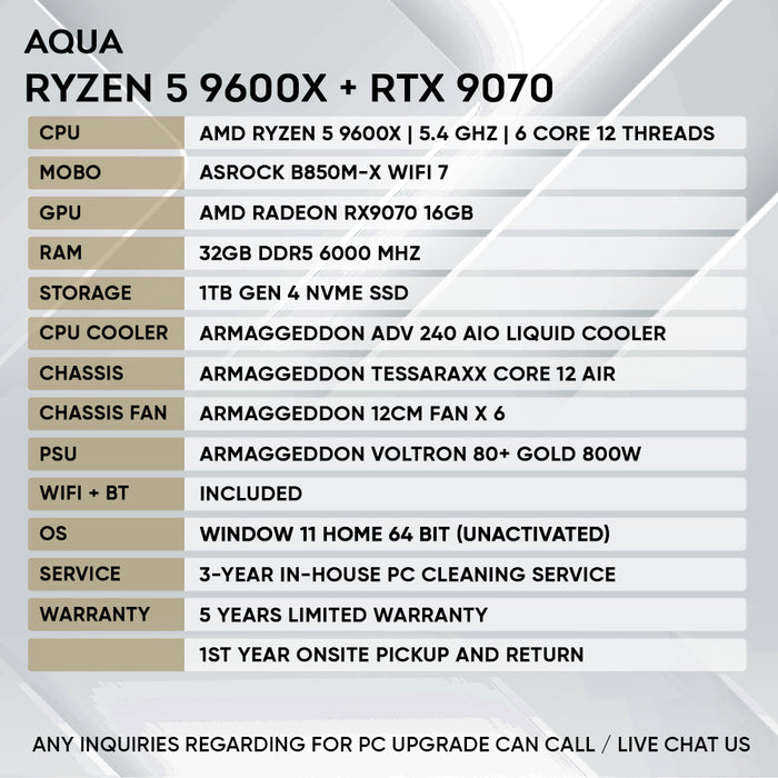 Armaggeddon Aqua gaming PC with AMD Ryzen 5 9600X and Radeon RX 9070