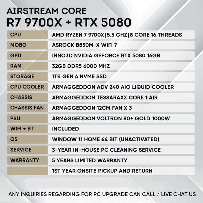 Armaggeddon High-End Gaming PC – AMD Ryzen 7 9700X + RTX 5080 | Airsteam Core 1 Air | Star Buy