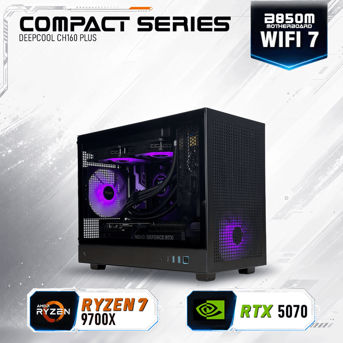 Armaggeddon Compact Series gaming PC with AMD Ryzen 7 9700X and NVIDIA RTX 5070