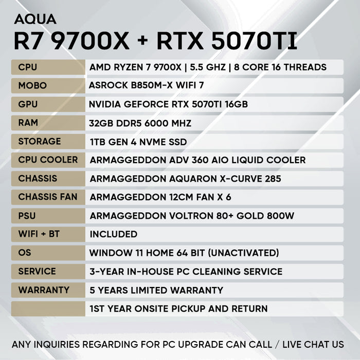 Armaggeddon Aqua Pro gaming PC with AMD Ryzen 7 9700X and RTX 5070 Ti, alternate view