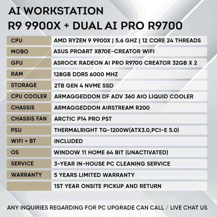 Armaggeddon AI Workstation PC - AMD Ryzen 9 9900X + DUAL AI PRO R9700 | AI Training & LLM Workstation