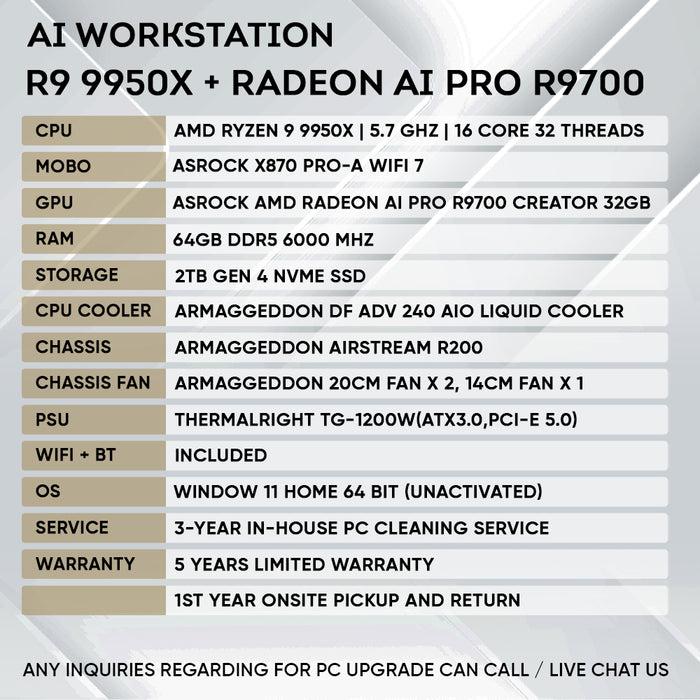 Armaggeddon AI Workstation PC - AMD Ryzen 9 9950X + AI PRO R9700 | AI Training & LLM Workstation