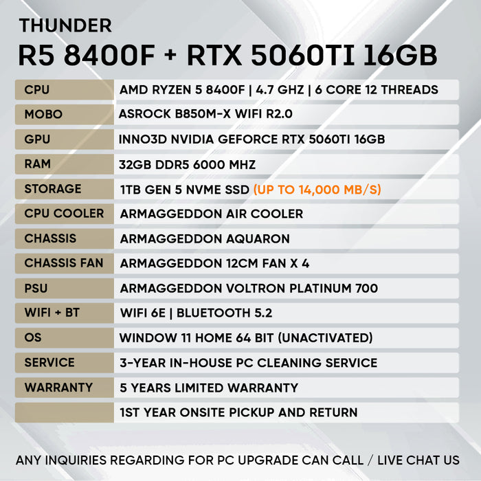 RYZEN 5 8400F + RTX 5060 Ti 16GB (GEN 5 NVME) (SAME DAY DELIVERY)