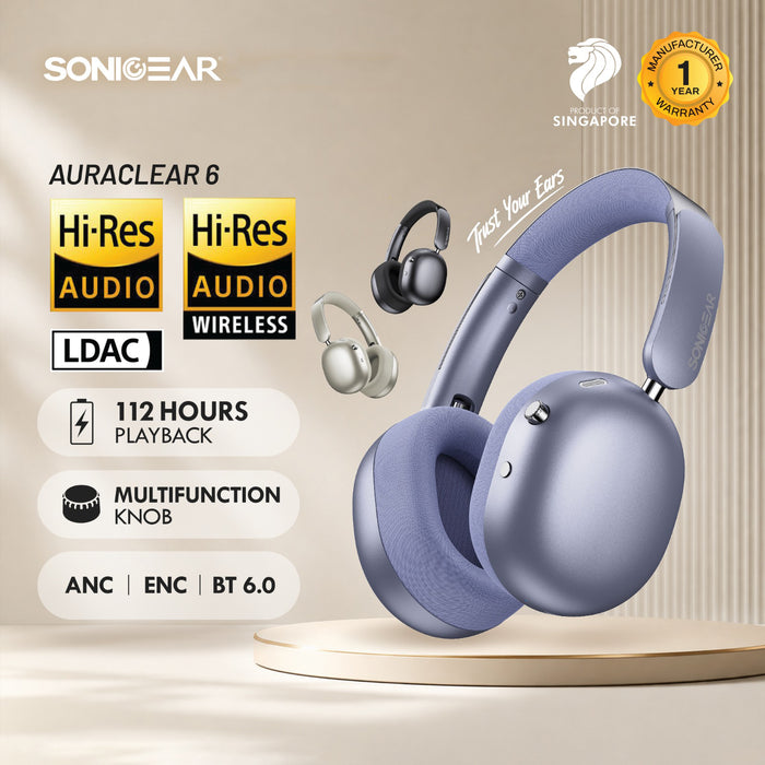 SonicGear Auraclear 6 Hi-Res LDAC ANC Wireless Headphones Bluetooth 6.0 | 112H Battery, 5-Mic & Volume Knob