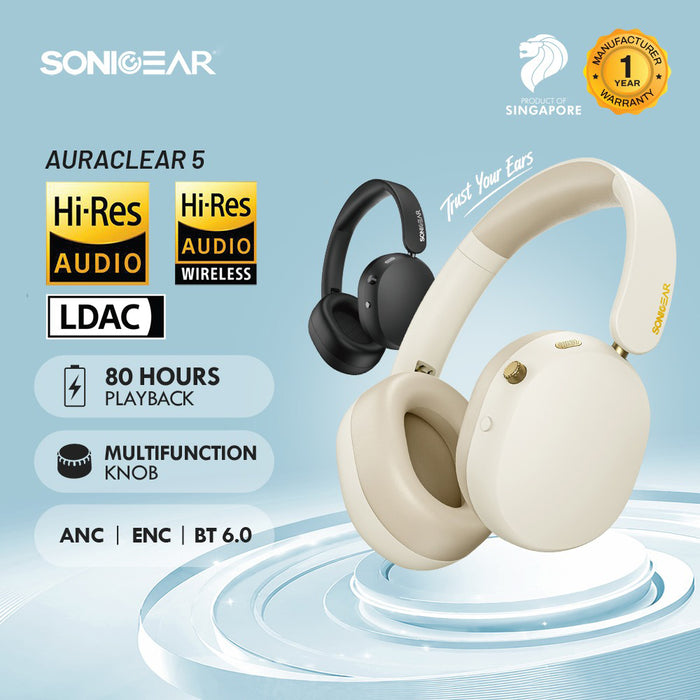 SonicGear Aura Clear 5 Hi-Res LDAC ANC Wireless Headphones Bluetooth 6.0 | 5-Mic ENC, 80H Battery & Gaming Mode