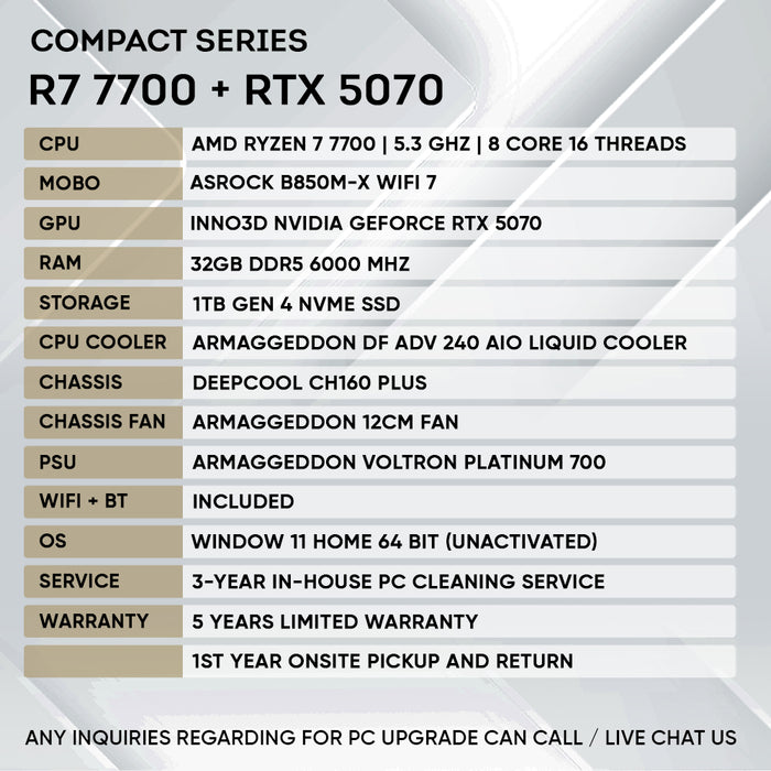 Armaggeddon Compact Series gaming PC with AMD Ryzen 7 7700 and NVIDIA RTX 5070, product view