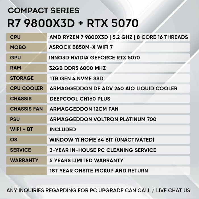 Armaggeddon Compact Series gaming PC with AMD Ryzen 7 9800X3D and NVIDIA RTX 5070, product view